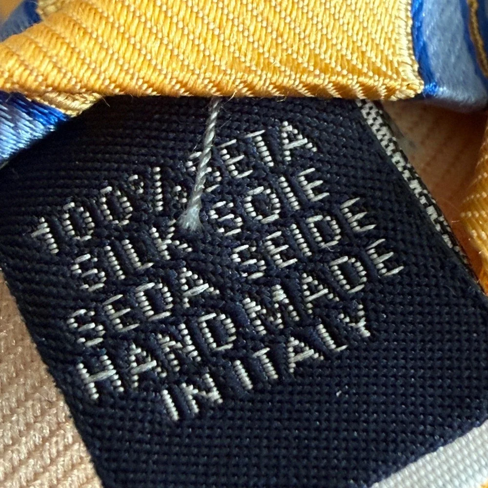 Vtg Barneys New York 100%‎ Silk Regimental Stripe Tie Yellow Blue Handmade Italy